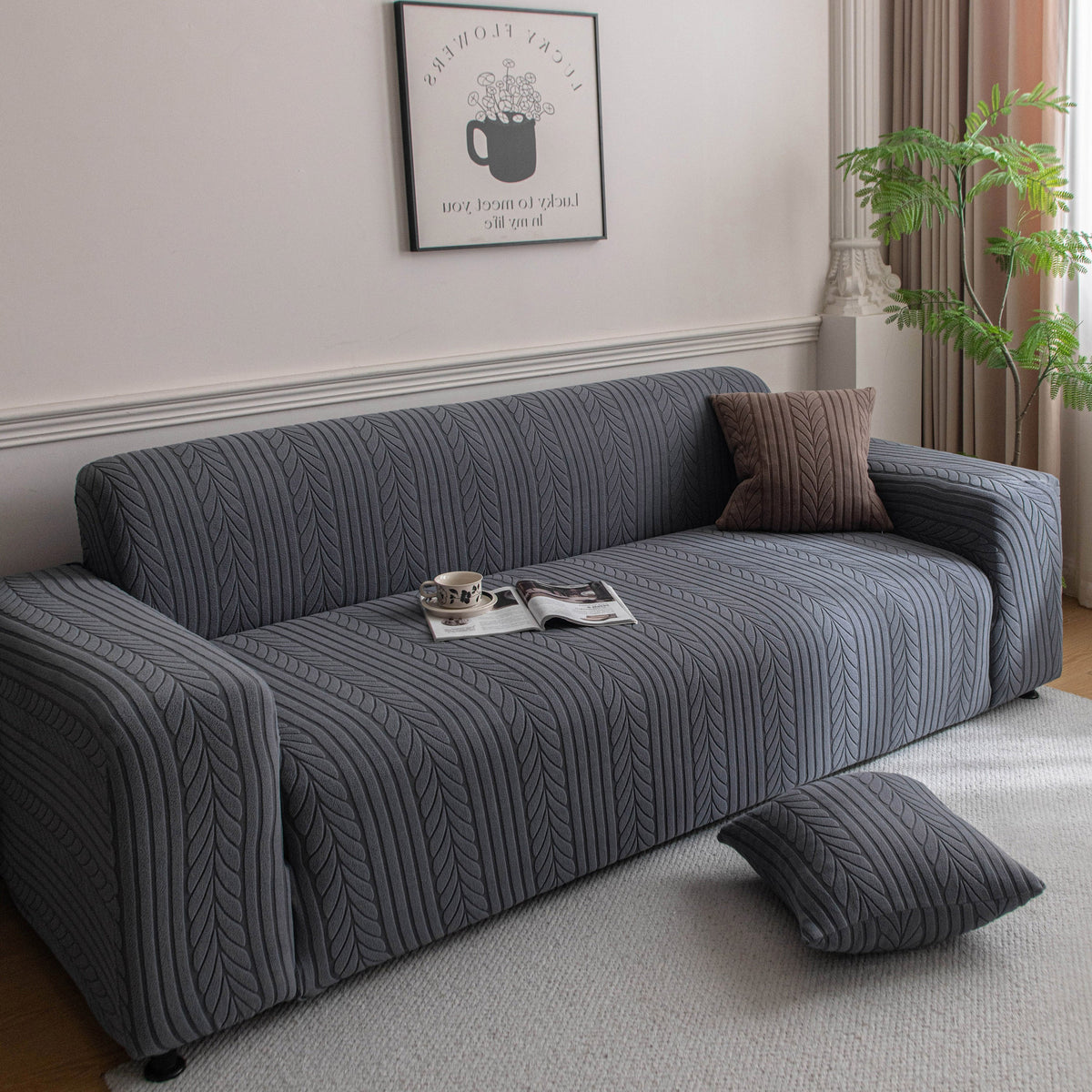 Plush Fleece Sofa Slipcover with 3D Wheat Pattern, Cozy High-Stretch Couch Cover