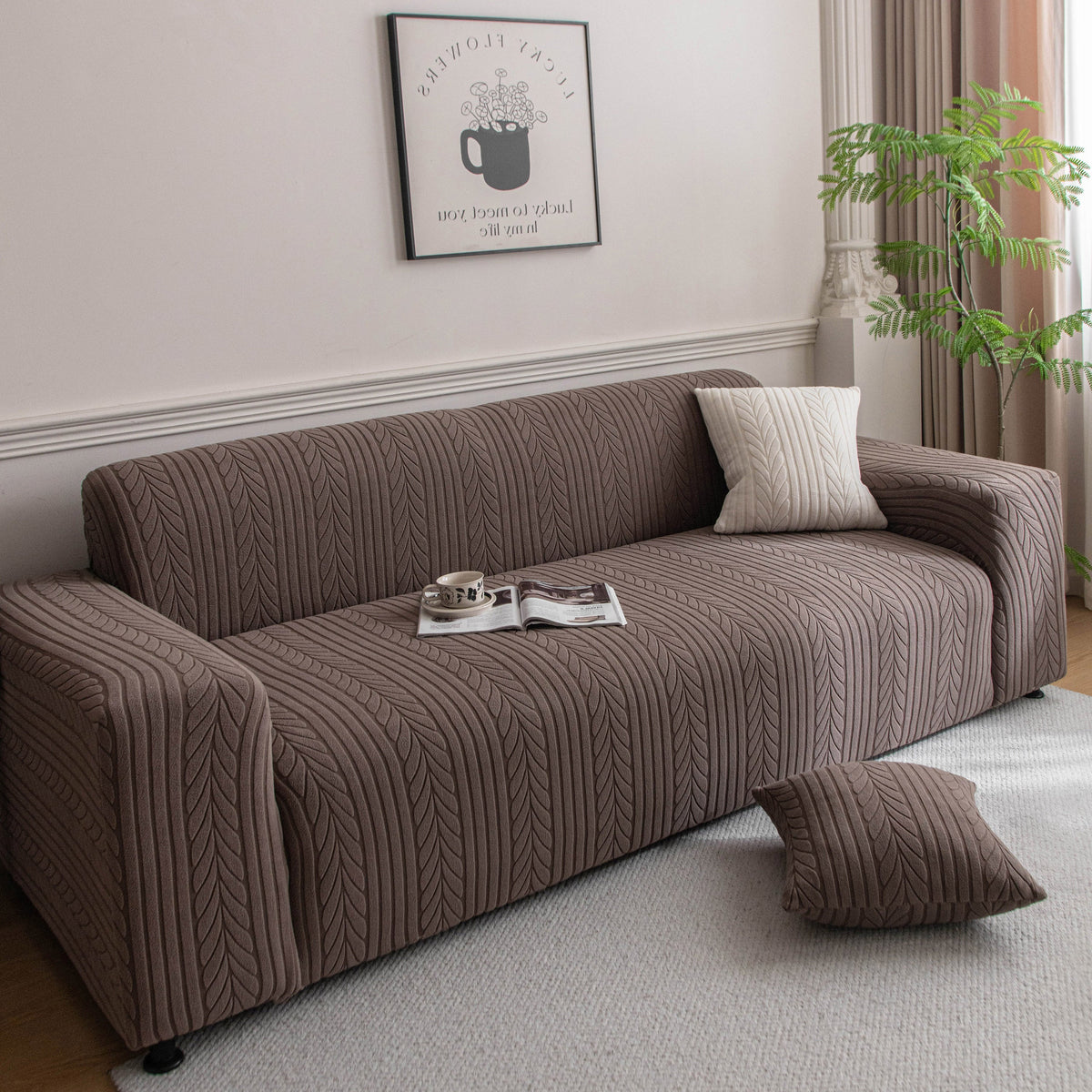 Plush Fleece Sofa Slipcover with 3D Wheat Pattern, Cozy High-Stretch Couch Cover