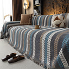 Cozy Decorative Throw Blanket for Couches, Boho Plush Woven Sofa Cover with Stripes