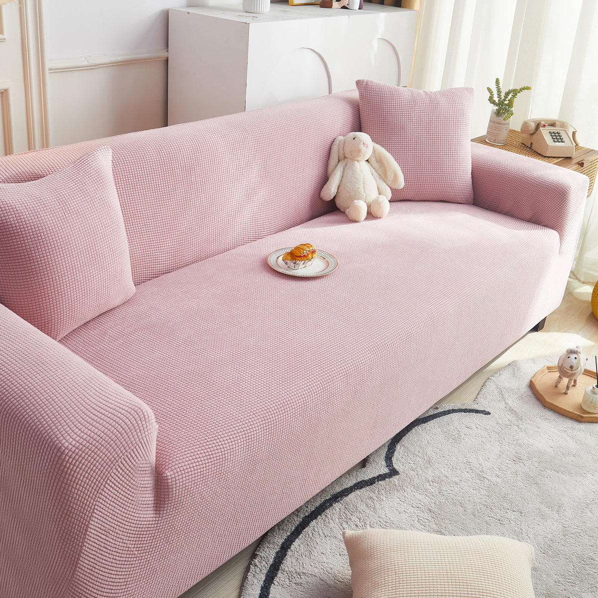 Grid Textured Stretch Sofa Cover, Soft Elastic Slipcover for Couch Protection