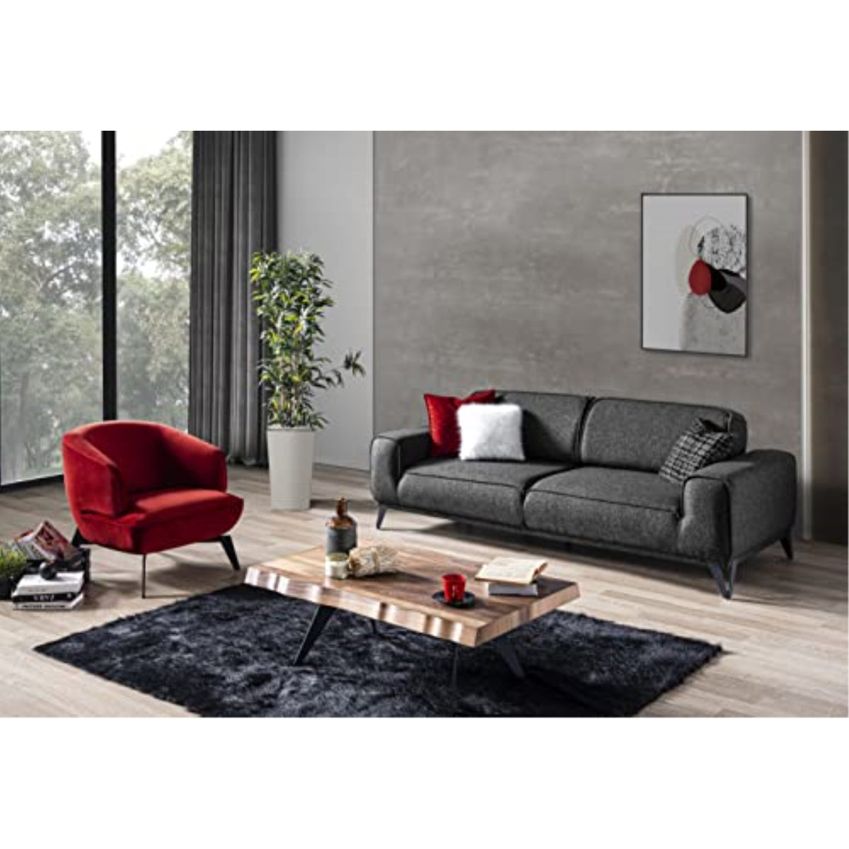 Bursa Sofa Bed, Dark Grey Linen Fabric, Matte Black Powdercoated Legs, Includes Three Pillows, (Two 18 Inch X18 And One 19 Inch X19 Inch ) In