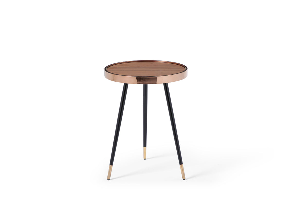 Meli Large Side Table, Walnut Veneer Top With Rose Gold Frame, Black Stainless Steel Legs And Rose Gold Caps