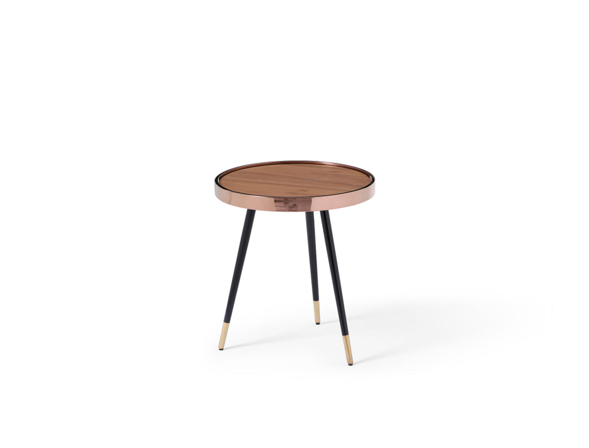 Meli Small Side Table, Walnut Veneer Top With Rose Gold Frame, Black Stainless Steel Legs And Rose Gold Caps