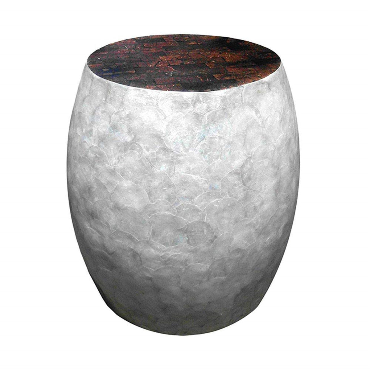 Ergode Mahogany Wood Sea Crest Silver White Capiz Shell Coco Round Accent Stool