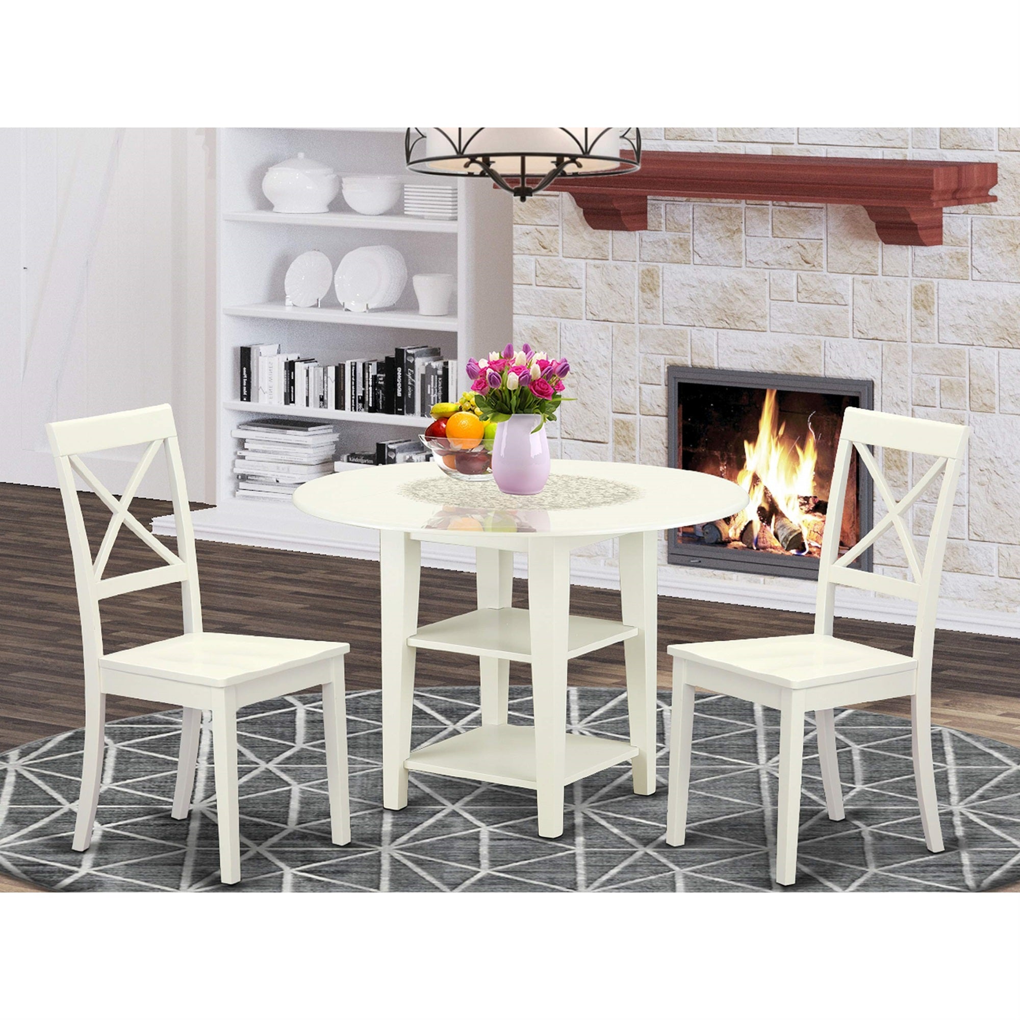 SUBO3-LWH-W 3 Piece Sudbury Set With One Round Dinette Table And Two Dinette Chairs With Wood Seat In A Rich Linen White Finish.