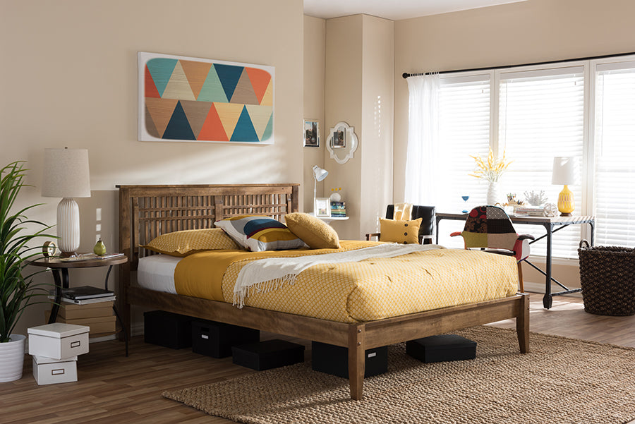 Baxton Studio Loafey Midcentury Modern Solid Walnut Wood Windowpane Style Queen Size Platform Bed
