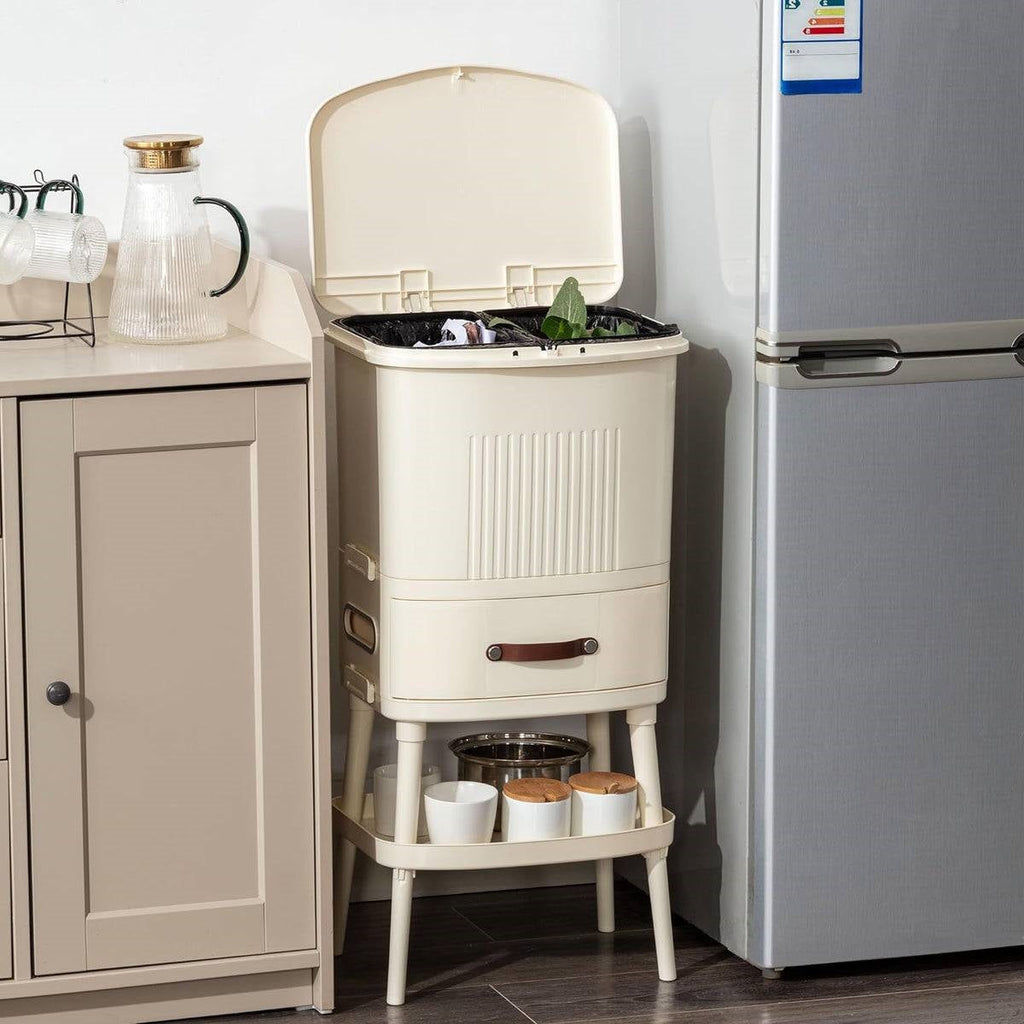 8 Gallon Elevated Trash Kitchen Can with Lid and Storage Shelf in Cream
