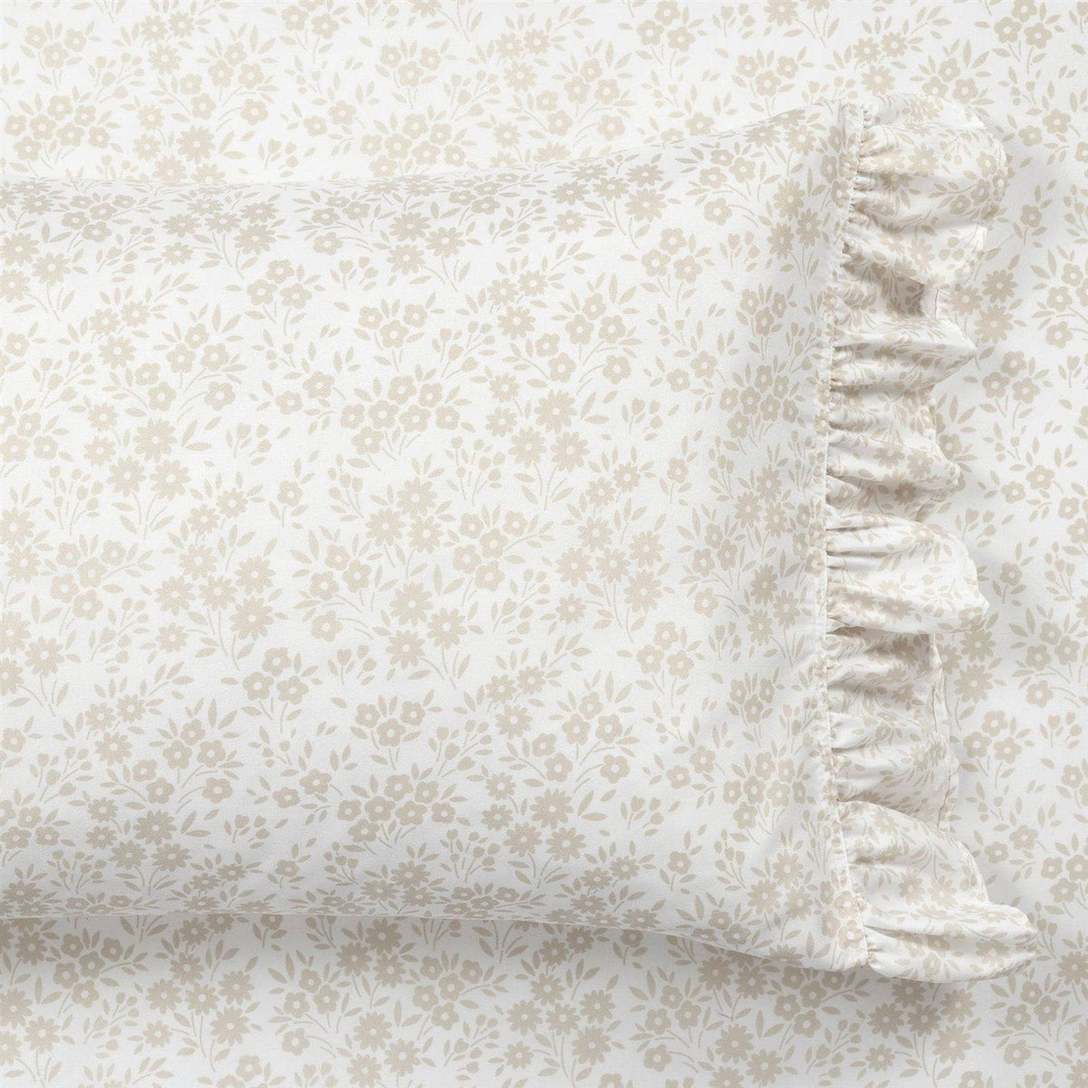 King Size Tan White Floral Ruffle Polyester 6 Piece Sheet Set