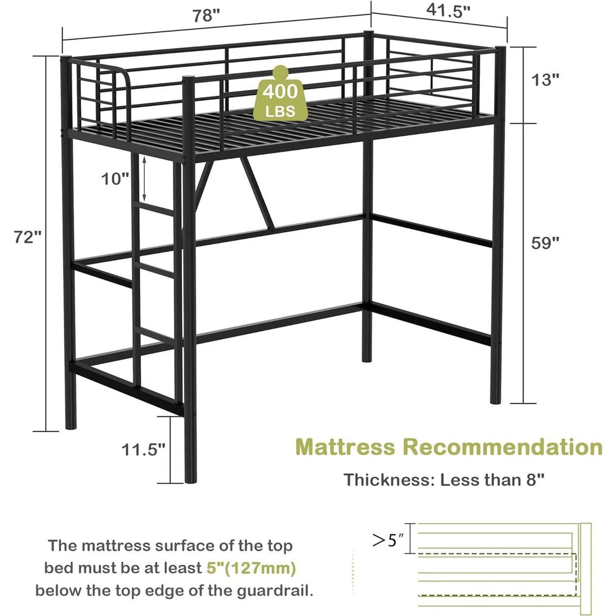 Twin size Black Metal Loft Bed Frame with Ladder - Space Saving Design