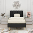 Twin size Mid-Century Black Linen Platform Bed Frame with Upholstered Headboard