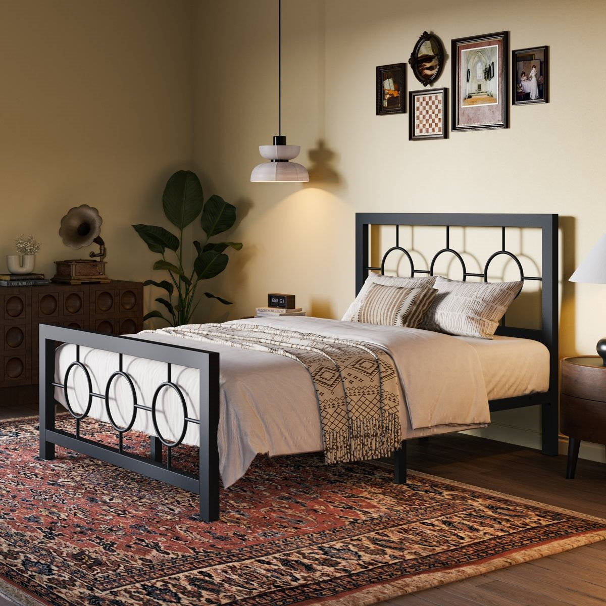 Twin Black Metal Platform Bed Frame with Circle Medallion Headboard Footboard