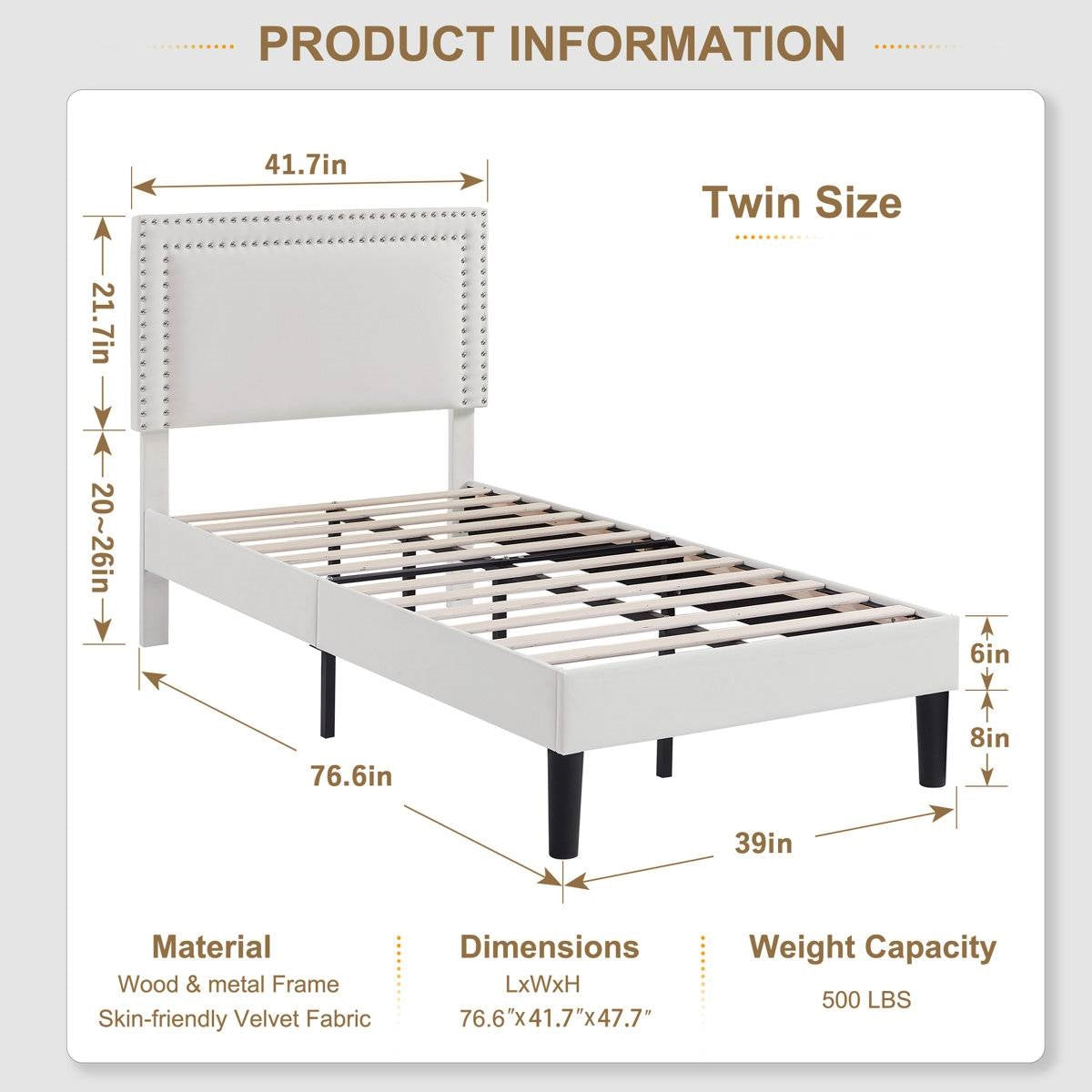 Set of 2 - Twin size White Tufted Upholstered Platform Bed Frame with Headboard
