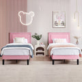 Set of 2 - Twin size Pink Upholstered Platform Bed with Nailhead Trim Headboard