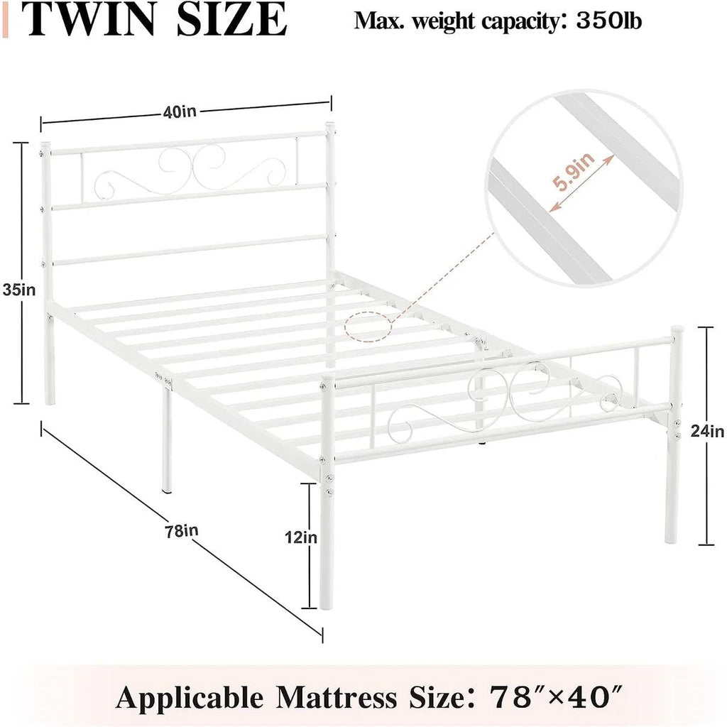 Twin size White Metal Platform Bed Frame with Headboard and Footboard