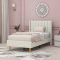 Twin size Mid-Century Platform Bed Frame with Cream Velvet Upholstered Headboard