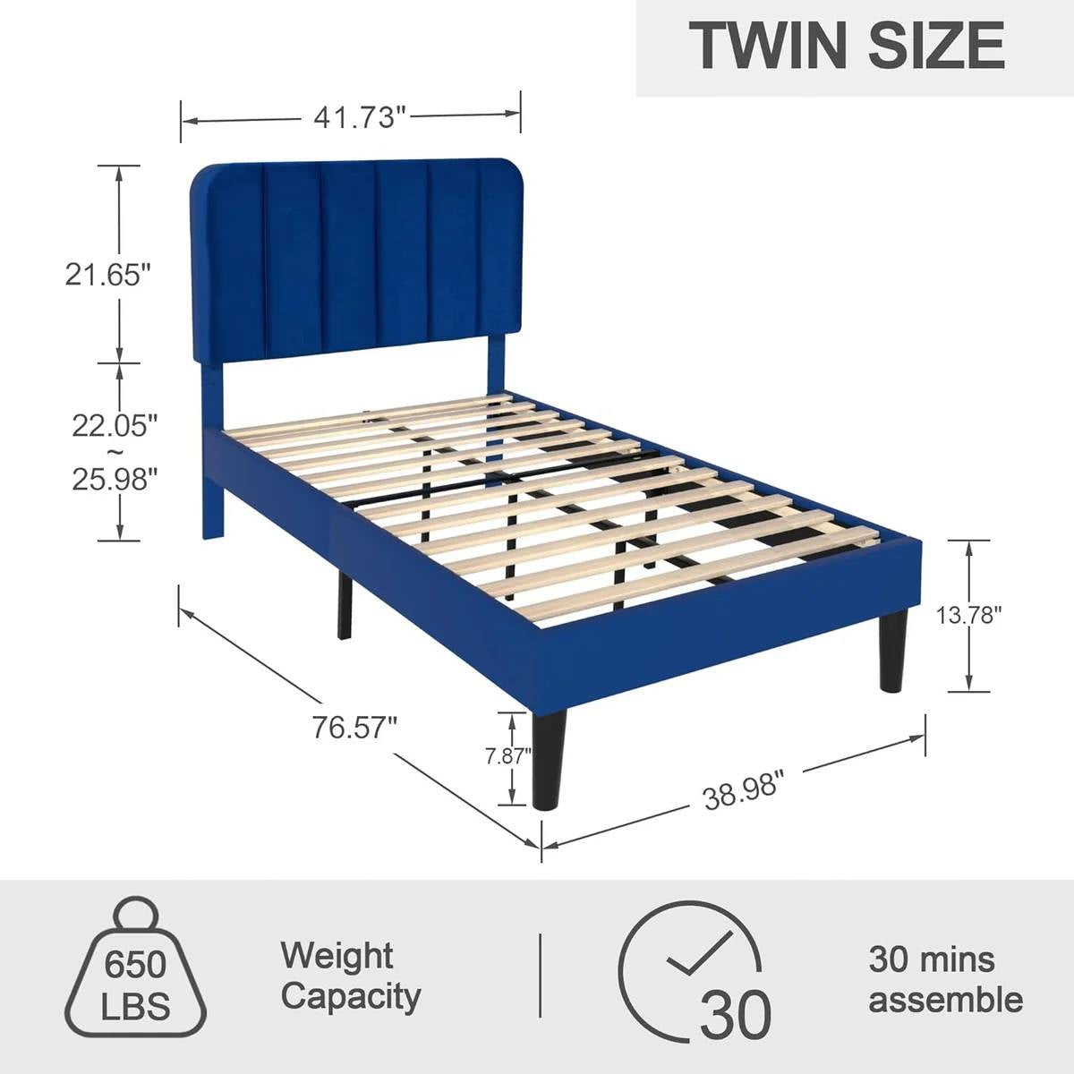 Twin size Blue Upholstered Platform Bed Frame with Headboard