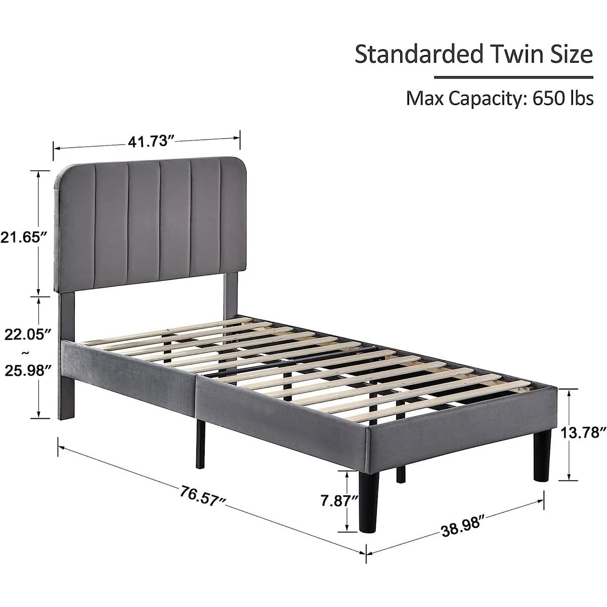 Twin size Dark Grey Upholstered Platform Bed Frame with Headboard