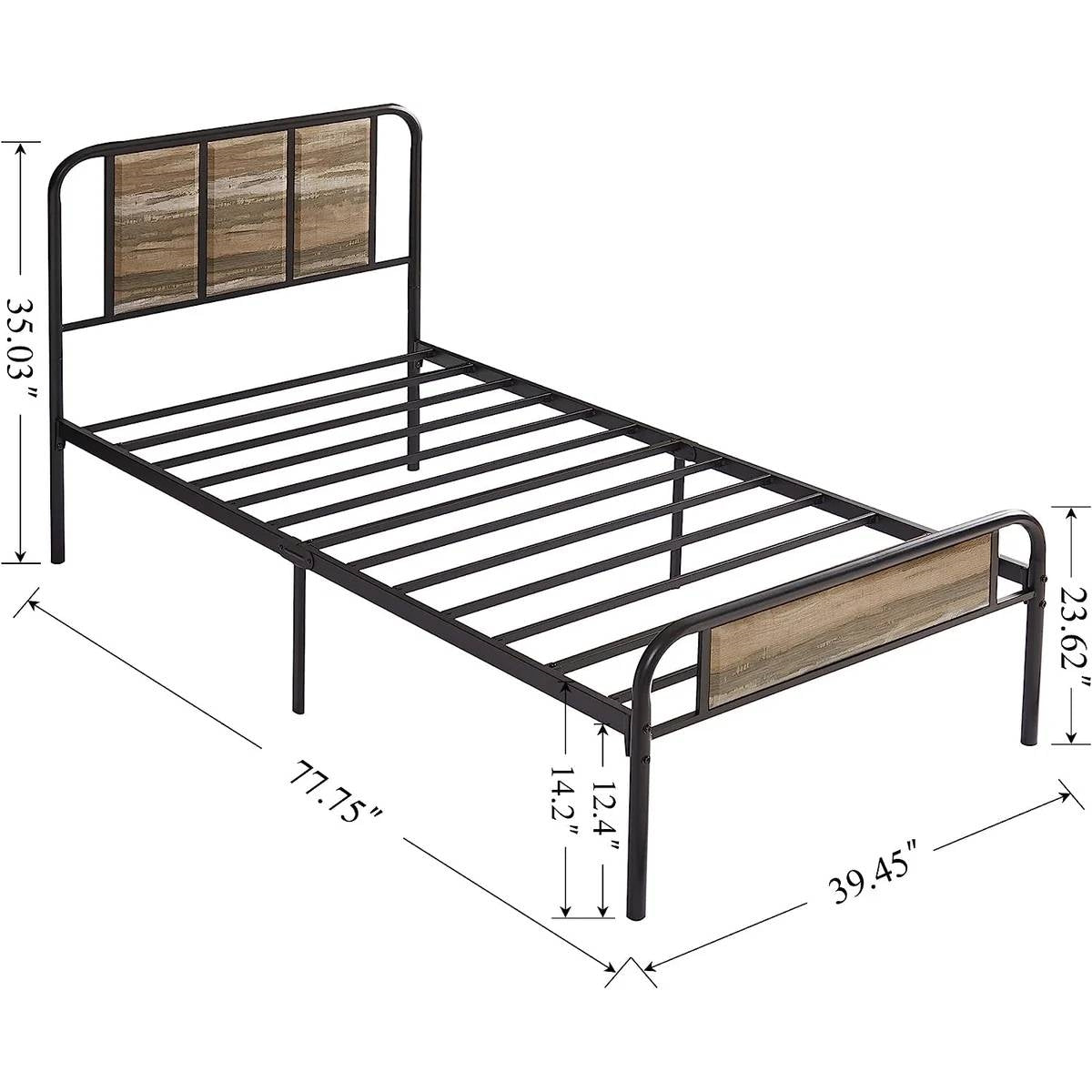 Twin Grey Wood Metal Platform Bed Frame with Rounded Headboard Footboard