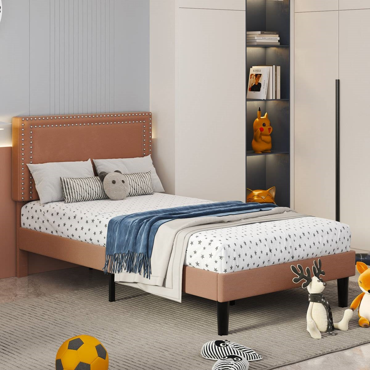 Set of 2 - Twin size Brown Tan Tufted Upholstered Platform Bed with Headboard