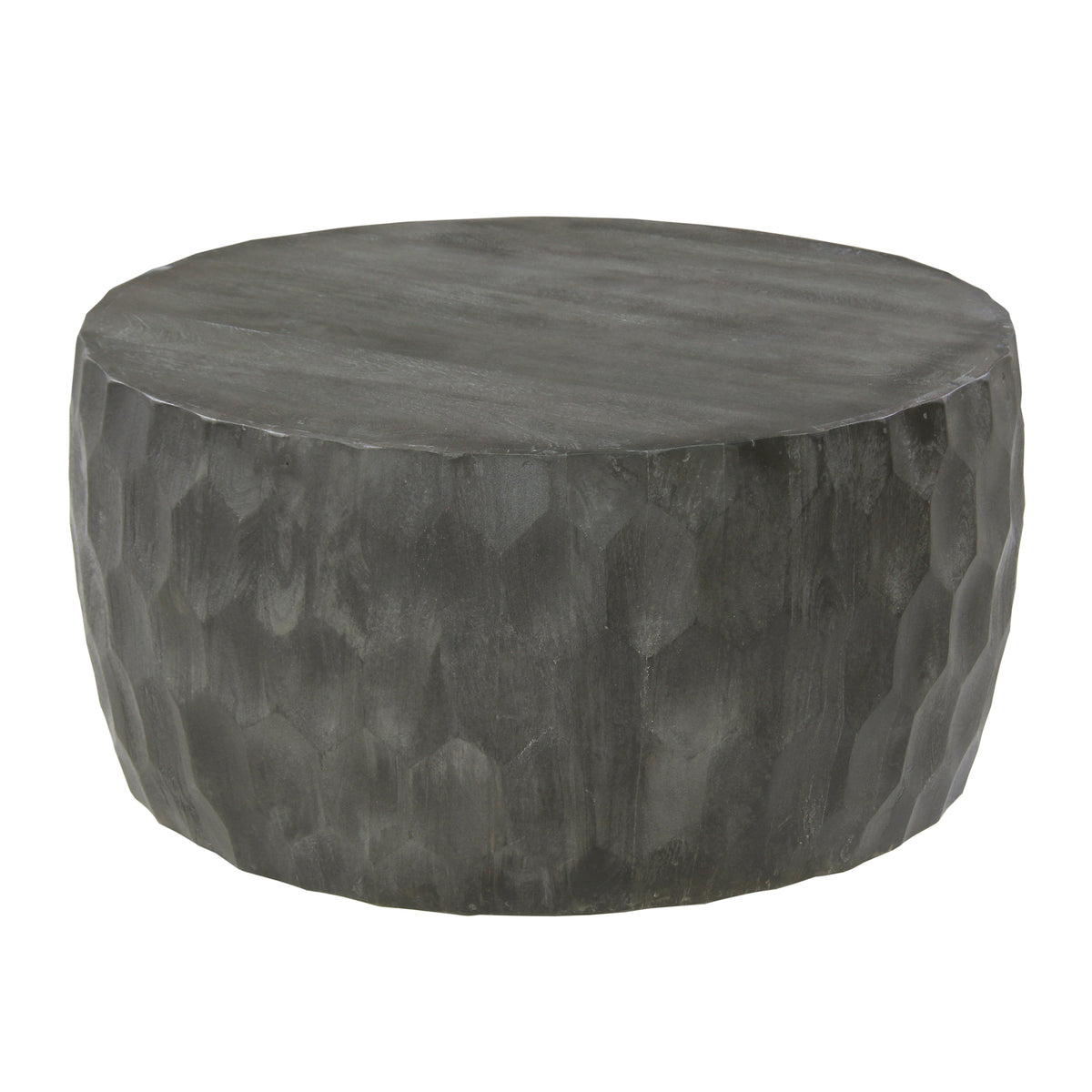 33 Inch Mango Wood Round Drum Coffee Table with Geometric Carved Pattern, Gray