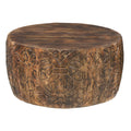 33 Inch Round Coffee Table with Damask Carved Pattern and Wooden Frame, Walnut Brown