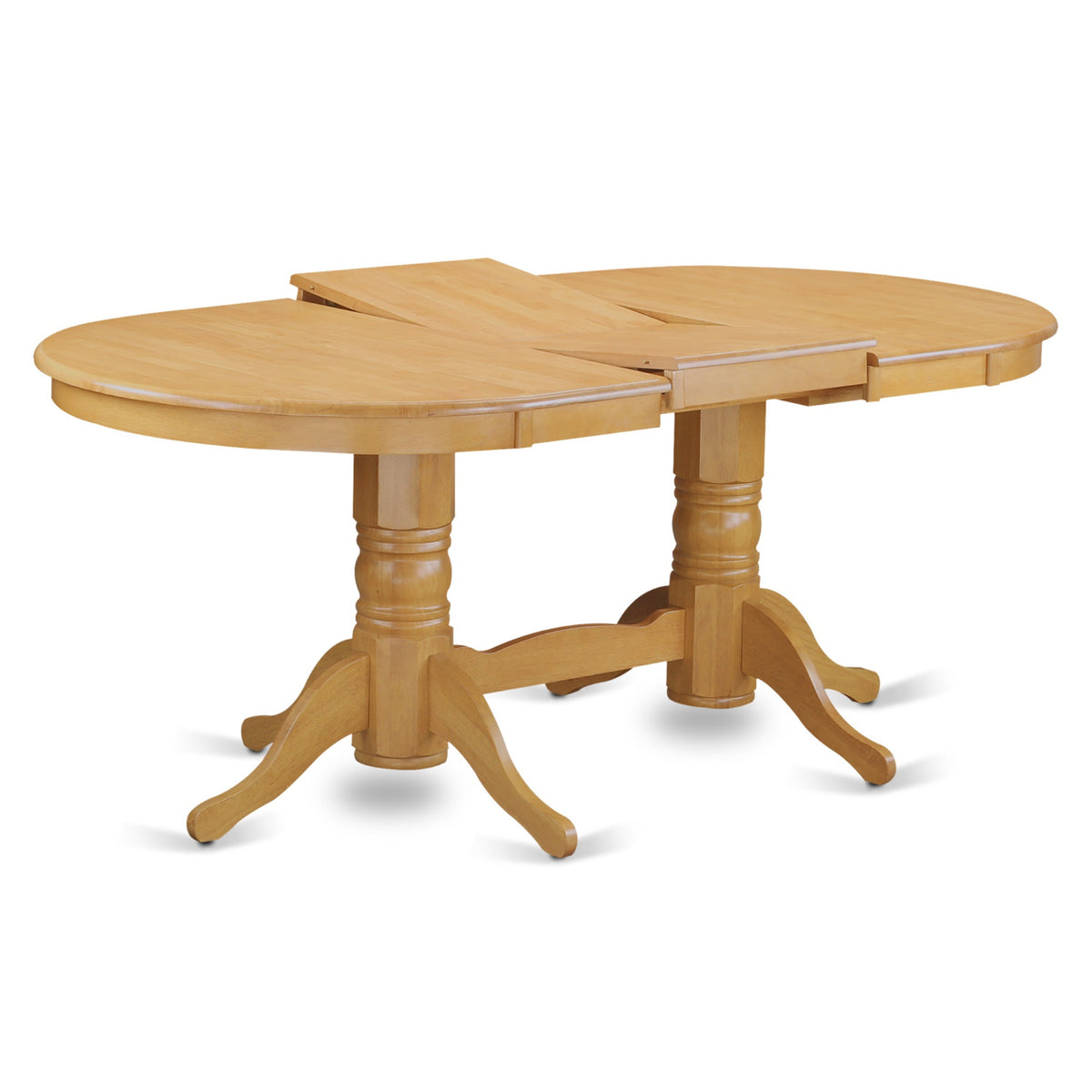 Vabo7Oakw 7Piece Vancouver Dining Table Set  Oval Table With 2 Pedestals, 17 Inch  Leaf, 6 Wood Seat Chairs  Oak Finish