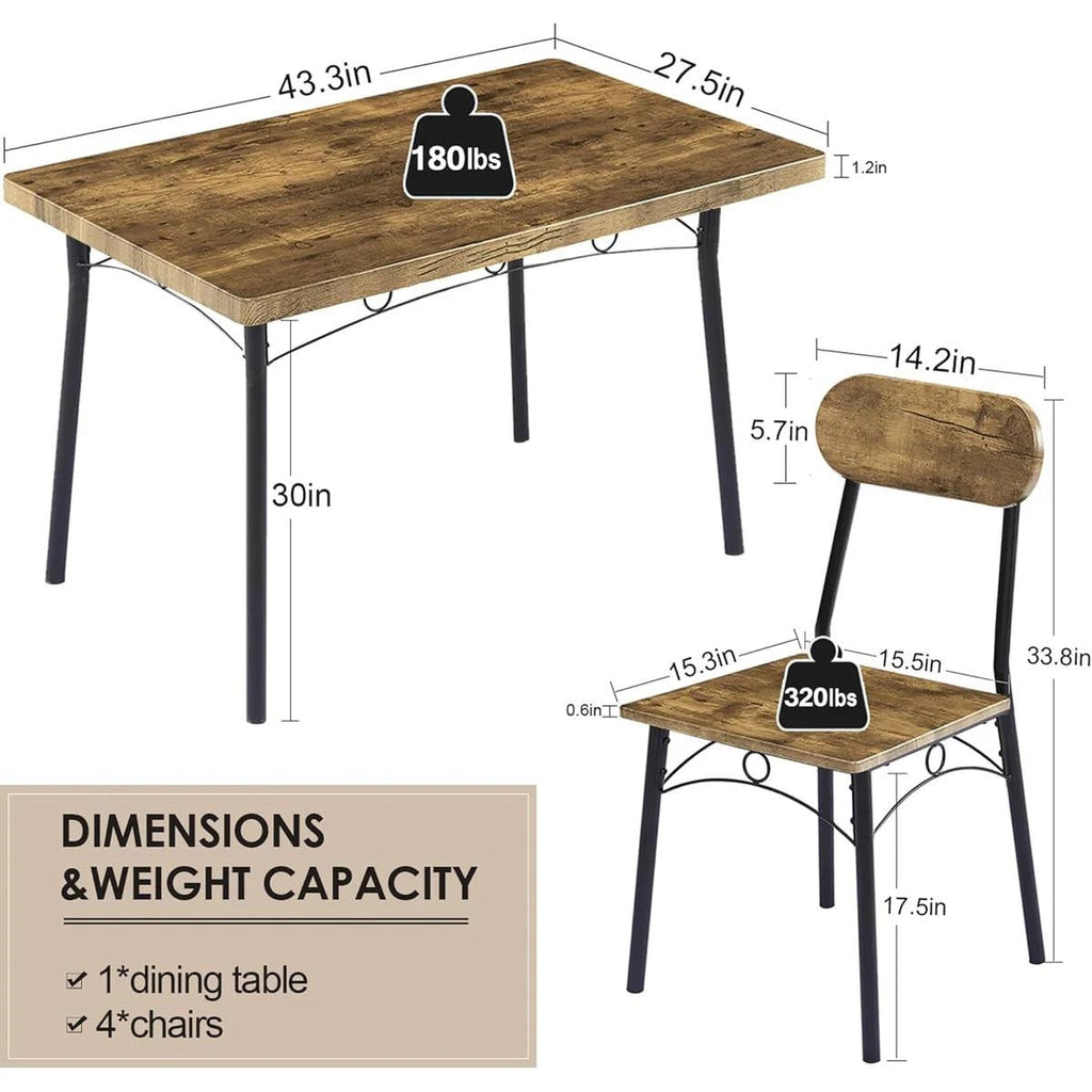 Modern Industrial 5-Piece Dining Set with Wood Top Table and 4 Chairs