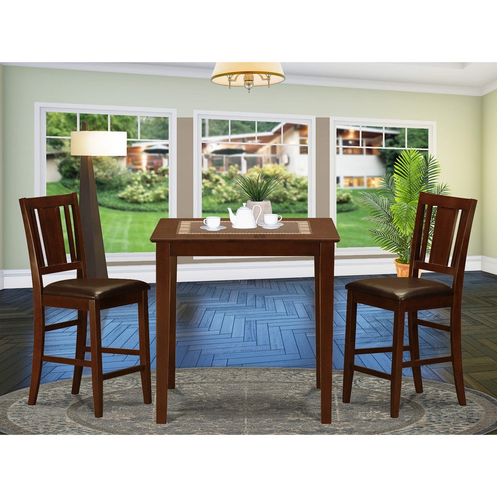 East West Furniture VNBU3-MAH-LC 3 Piece Counter Height Dining Set for Small Spaces Contains a Square Wooden Table and 2 Faux Leather Upholstered Chairs, 36x36 Inch, Mahogany