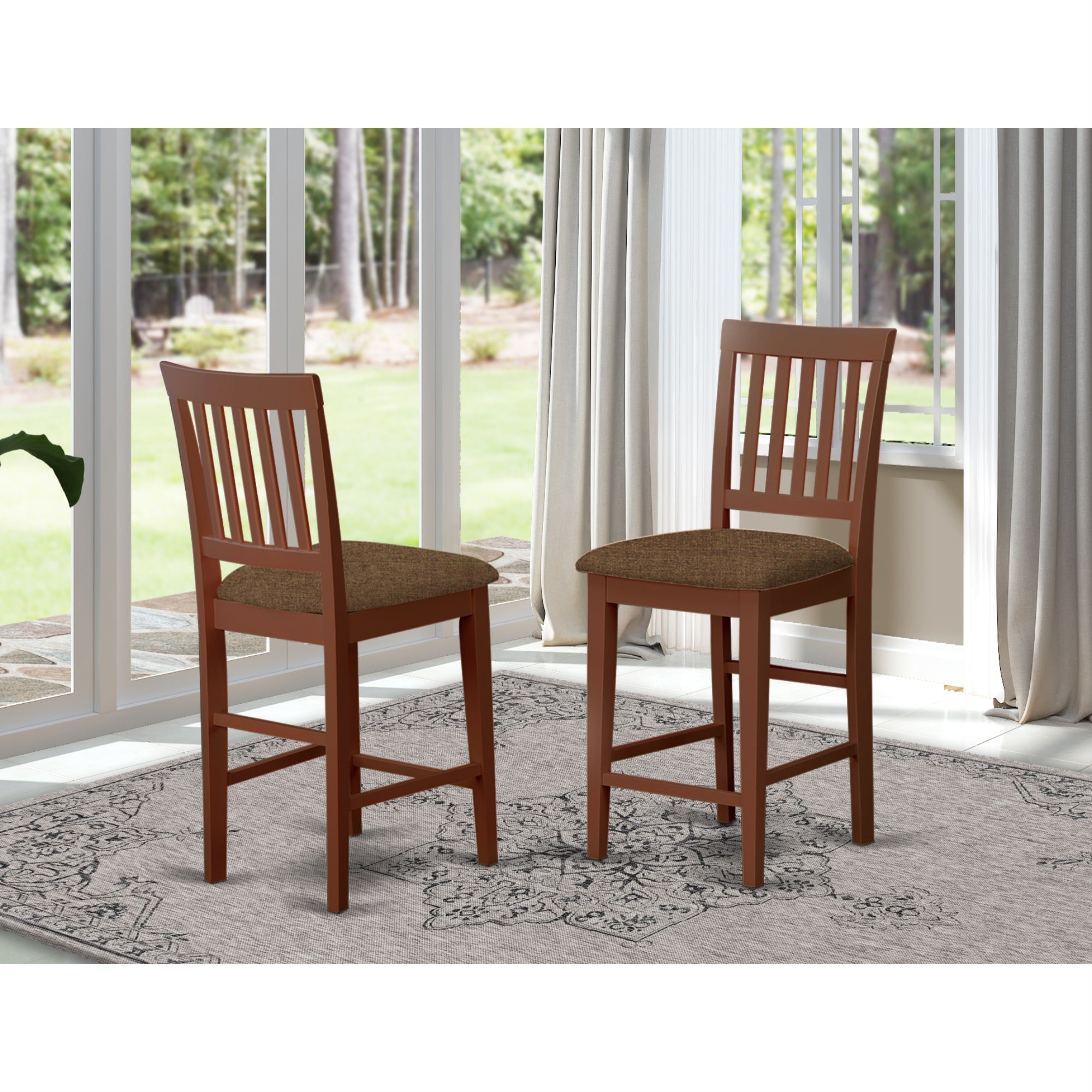 East West Furniture Vernon Counter Stool-Linen Fabric Pub Height Wooden Chairs, Set of 2, Mahogany