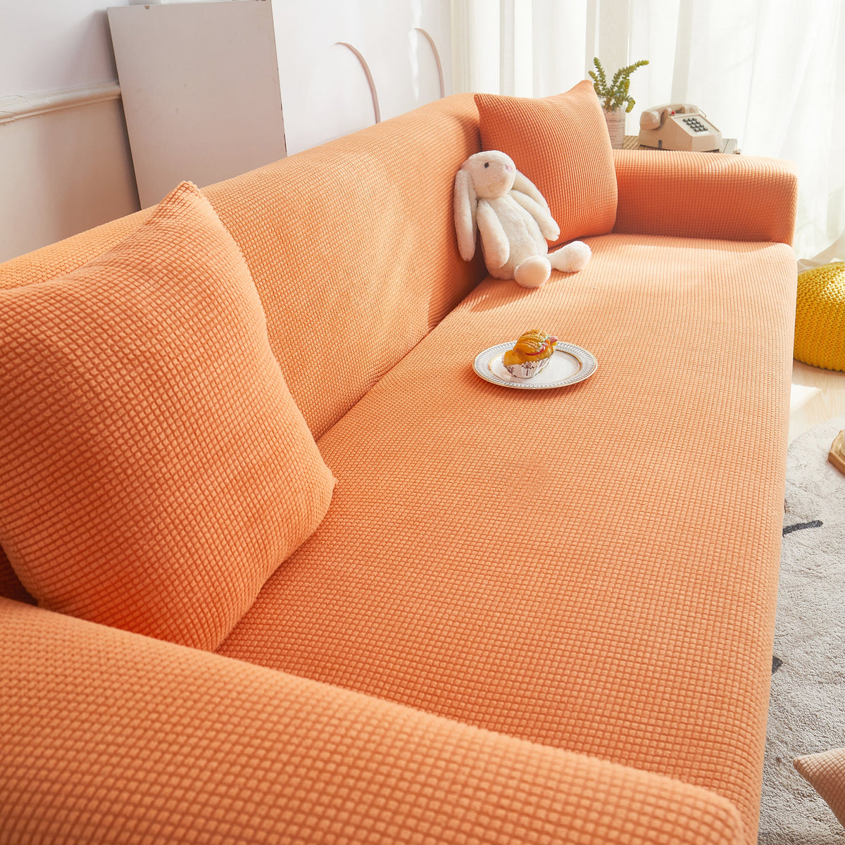 Grid Textured Stretch Sofa Cover, Soft Elastic Slipcover for Couch Protection