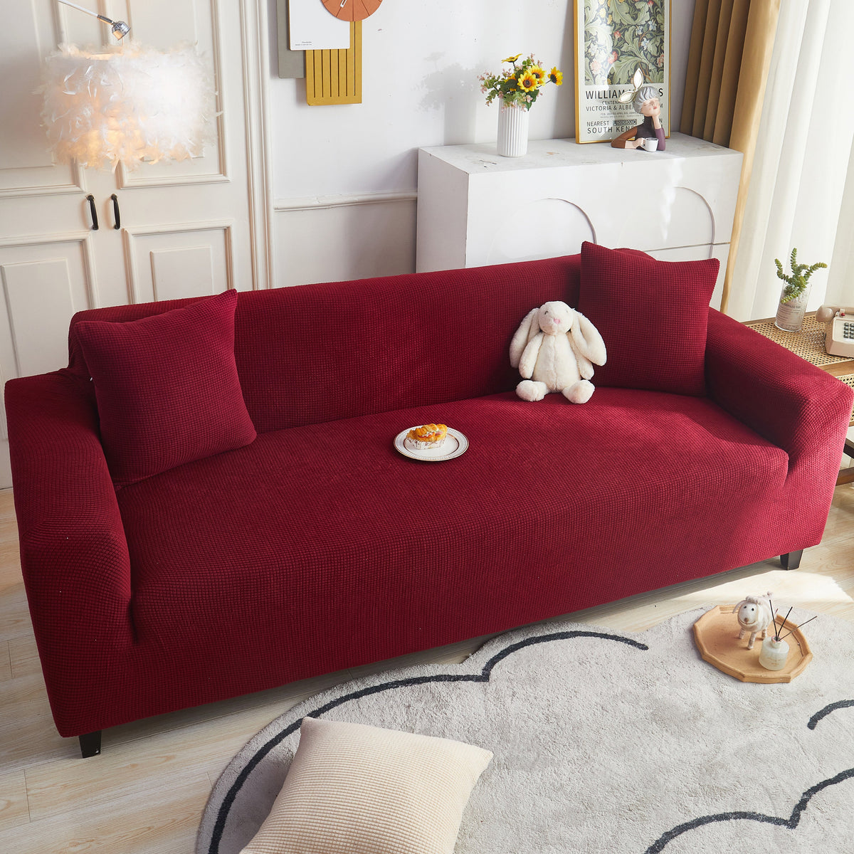 Grid Textured Stretch Sofa Cover, Soft Elastic Slipcover for Couch Protection