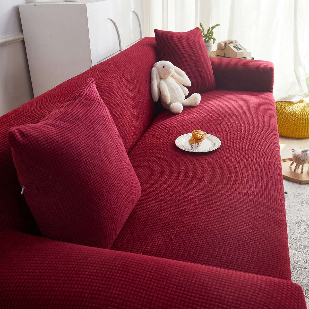 Grid Textured Stretch Sofa Cover, Soft Elastic Slipcover for Couch Protection