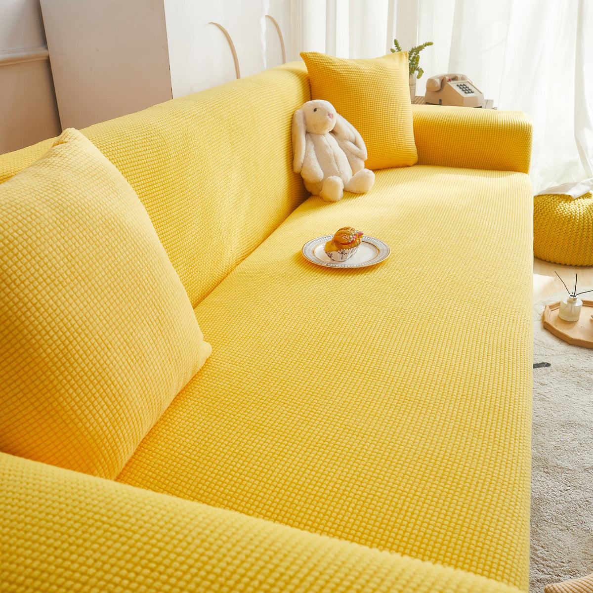 Grid Textured Stretch Sofa Cover, Soft Elastic Slipcover for Couch Protection