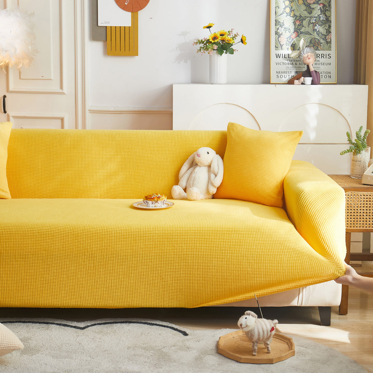 Grid Textured Stretch Sofa Cover, Soft Elastic Slipcover for Couch Protection