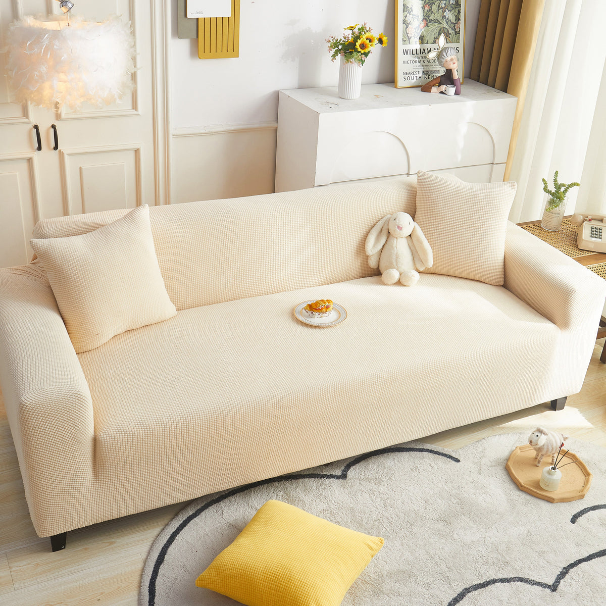 Grid Textured Stretch Sofa Cover, Soft Elastic Slipcover for Couch Protection