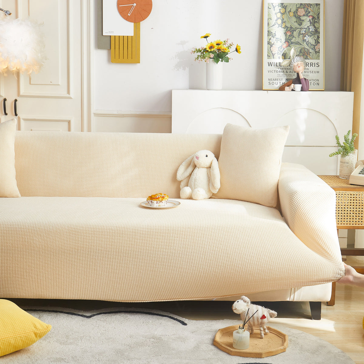 Grid Textured Stretch Sofa Cover, Soft Elastic Slipcover for Couch Protection