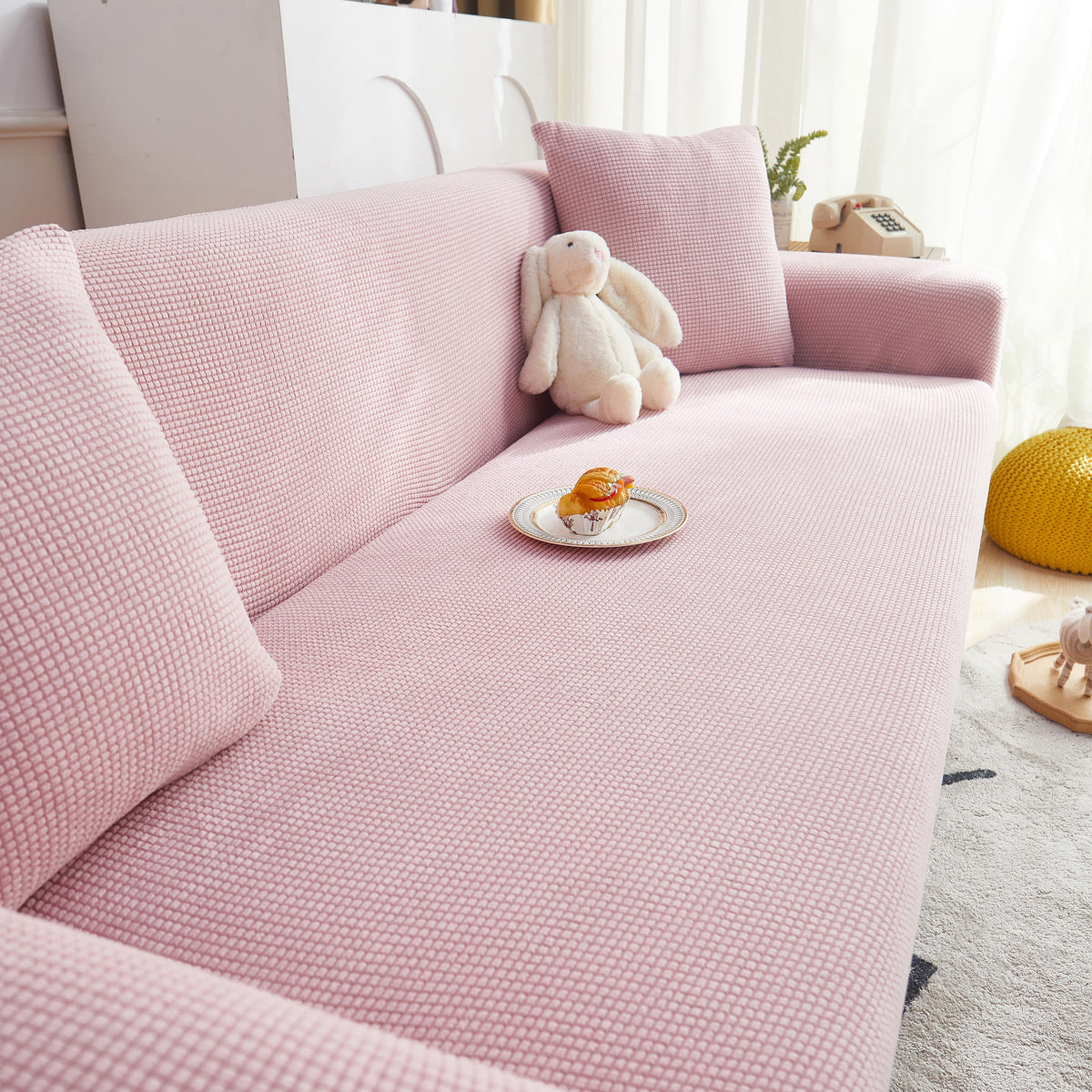 Grid Textured Stretch Sofa Cover, Soft Elastic Slipcover for Couch Protection