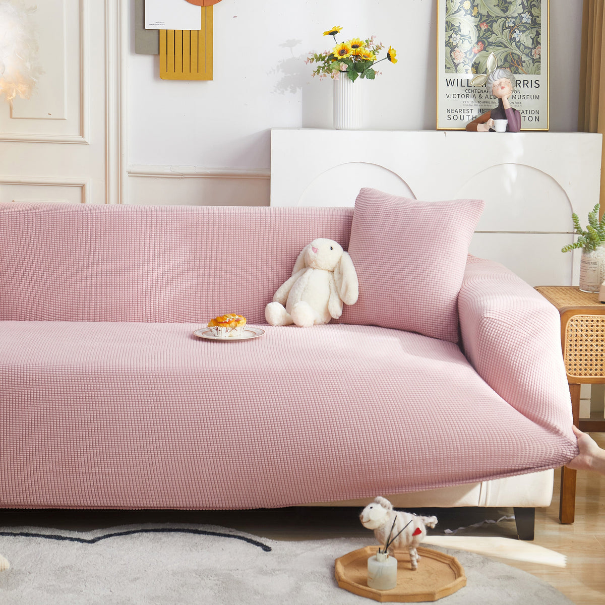Grid Textured Stretch Sofa Cover, Soft Elastic Slipcover for Couch Protection