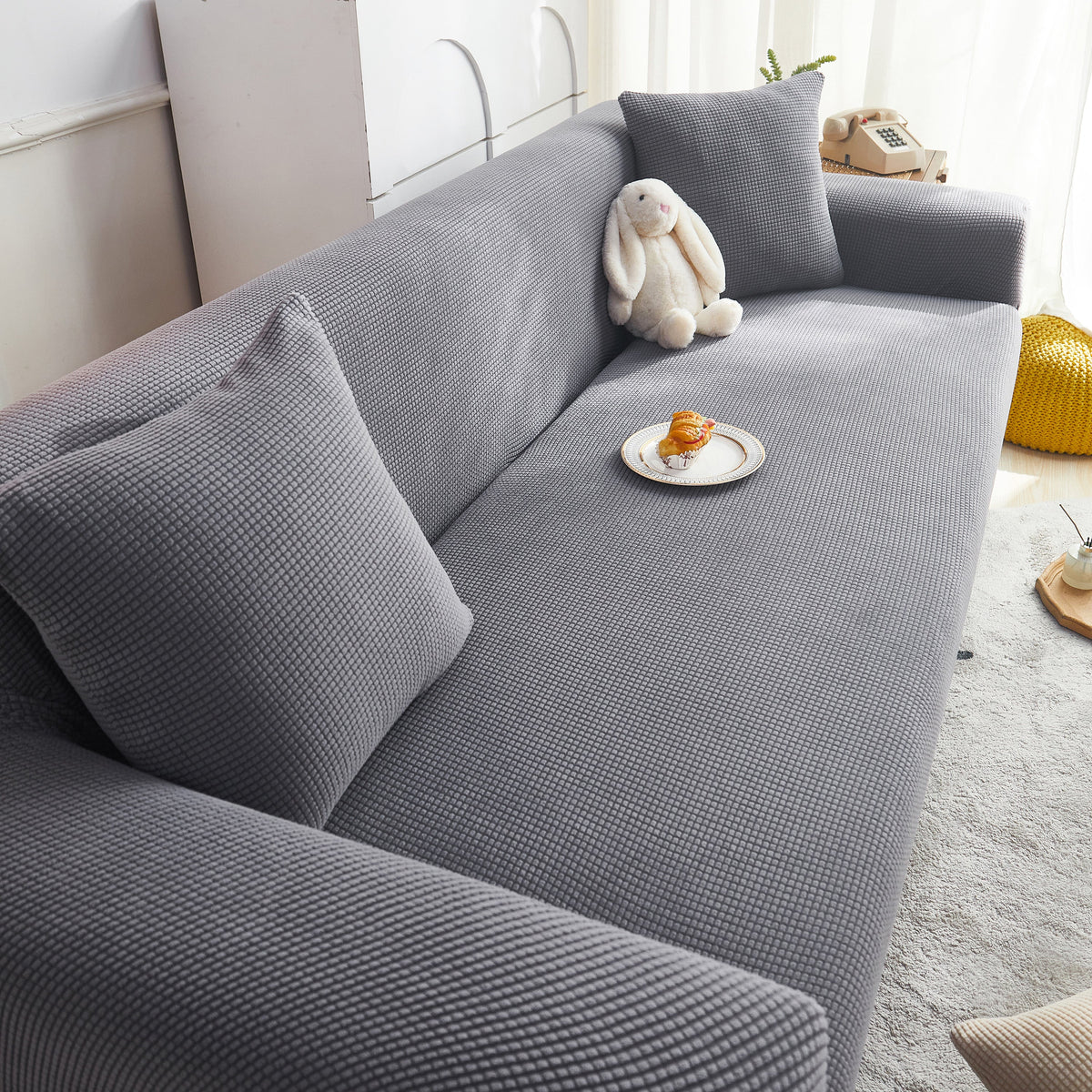 Grid Textured Stretch Sofa Cover, Soft Elastic Slipcover for Couch Protection