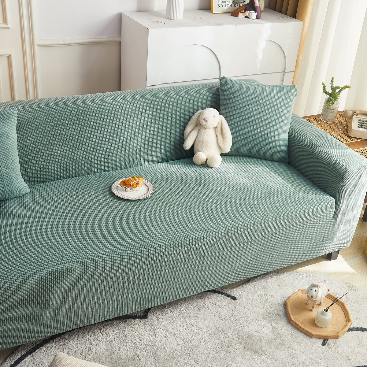 Grid Textured Stretch Sofa Cover, Soft Elastic Slipcover for Couch Protection