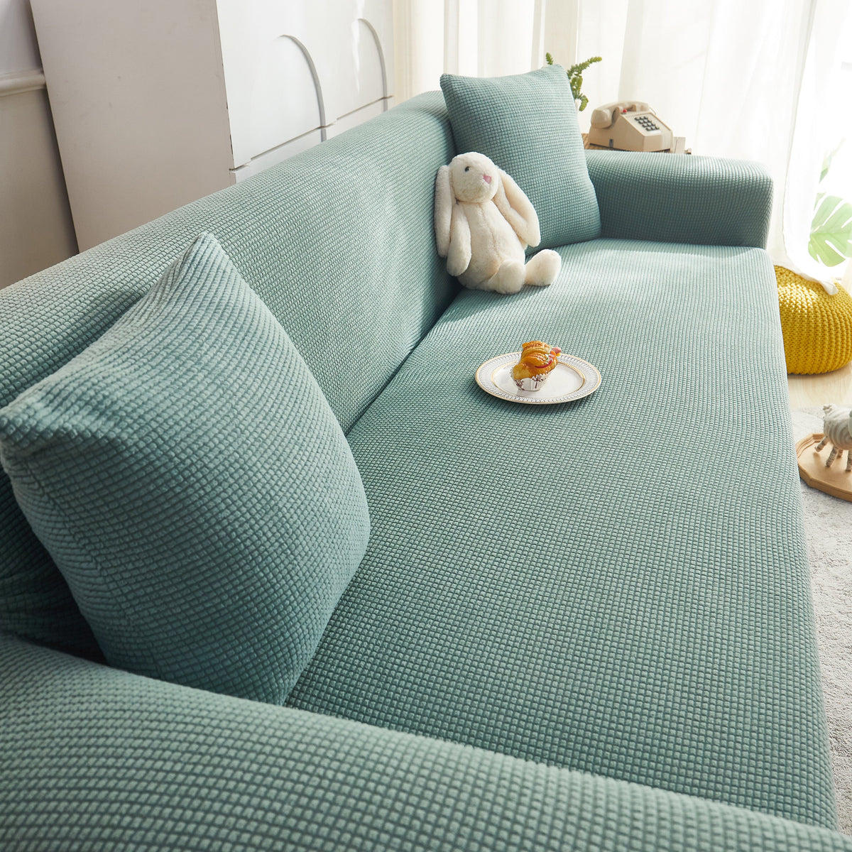 Grid Textured Stretch Sofa Cover, Soft Elastic Slipcover for Couch Protection