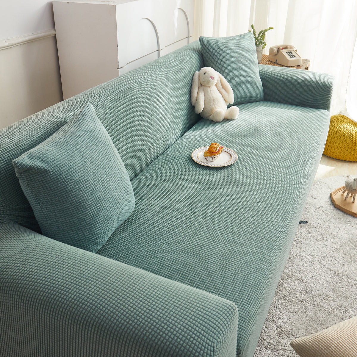 Grid Textured Stretch Sofa Cover, Soft Elastic Slipcover for Couch Protection