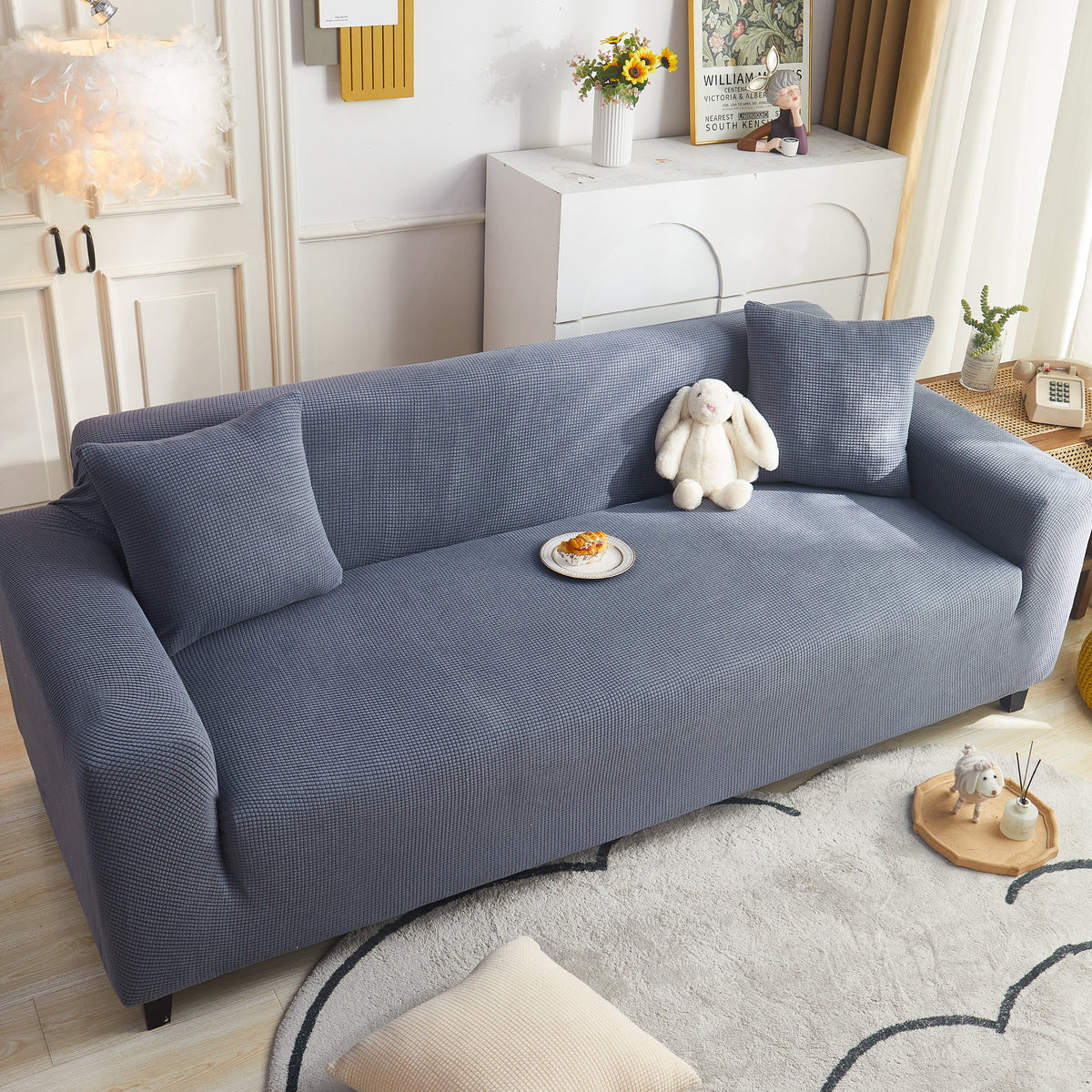 Grid Textured Stretch Sofa Cover, Soft Elastic Slipcover for Couch Protection