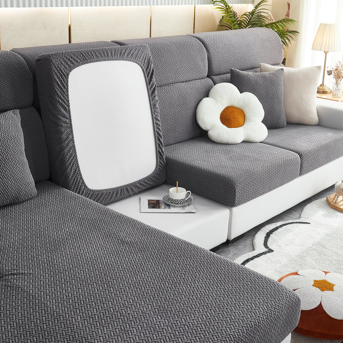 High Stretch Separate Cushion Covers Sofa Slipcover for L-Shaped Sectional Couch