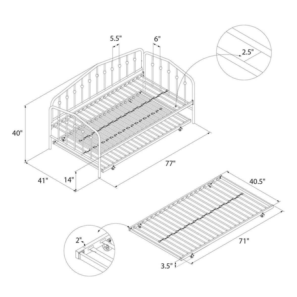 Twin size Modern Industrial White Metal Daybed with Trundle Bed Frame