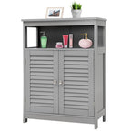 Grey Farmhouse Bathroom Linen Cabinet with Louvered Doors and Open Shelf