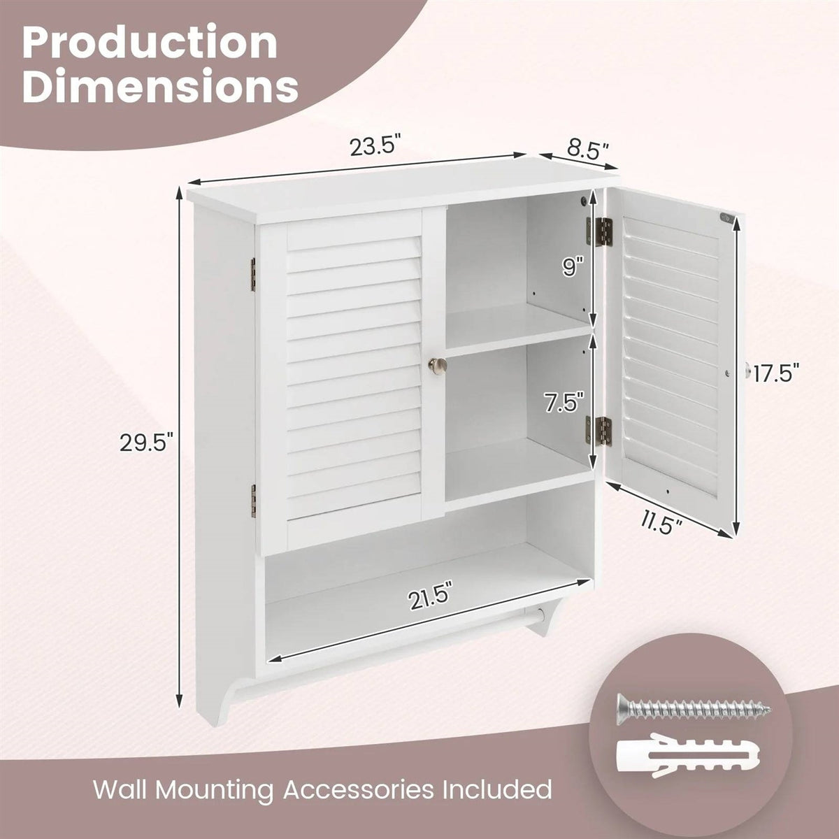 White Wall-Mounted Bathroom Storage Medicine Cabinet with Louver Doors