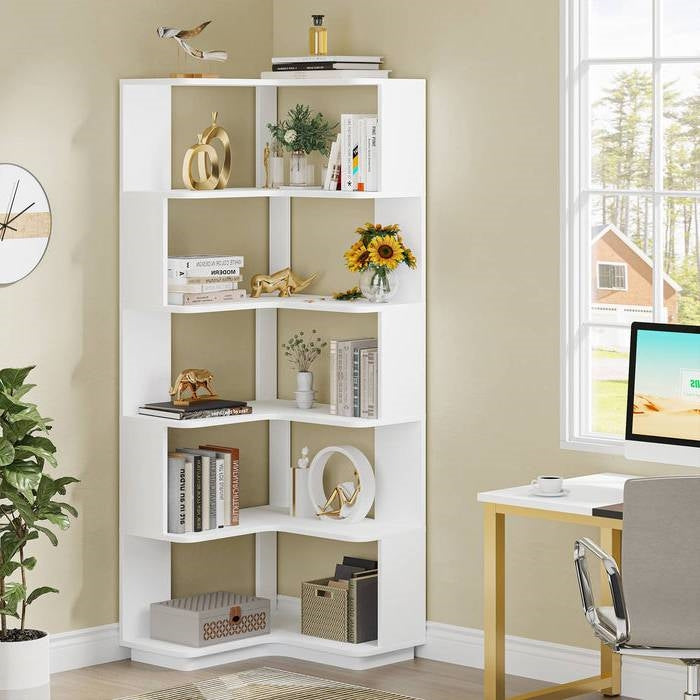 Multifunctional 6 Shelf Corner L-Shaped Bookcase in White Wood Finish
