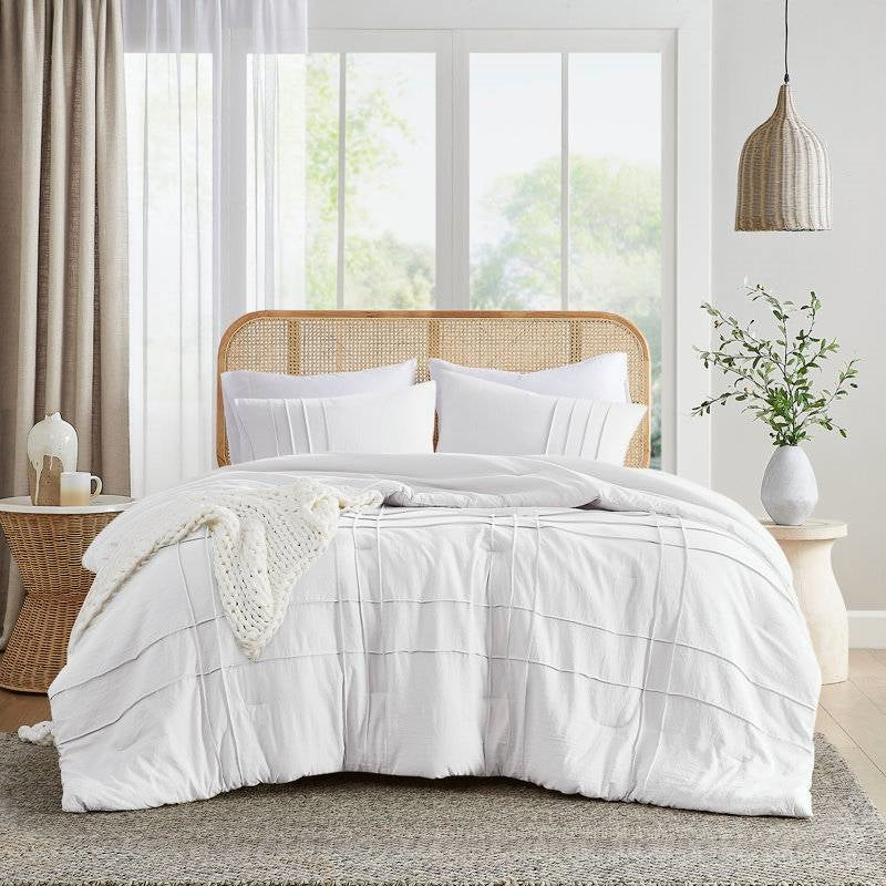 King Size Microfiber Pleated Soft Washed Comforter Set White