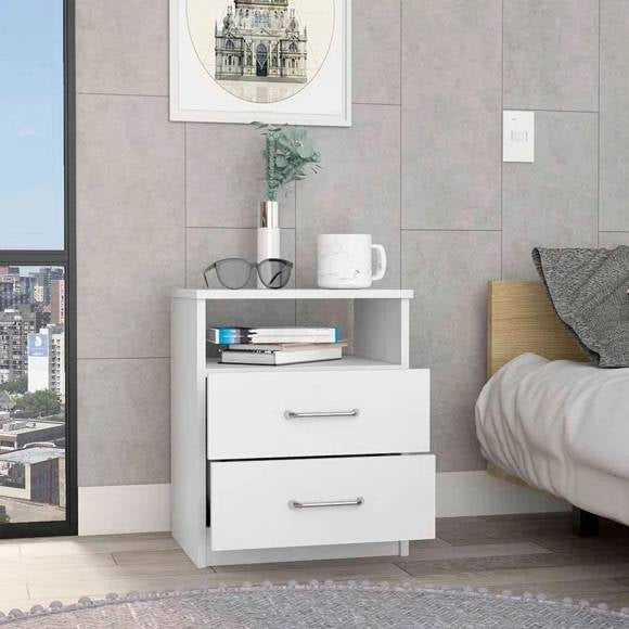 Modern 2-Drawer Nightstand with Open Shelf in White Wood Finish